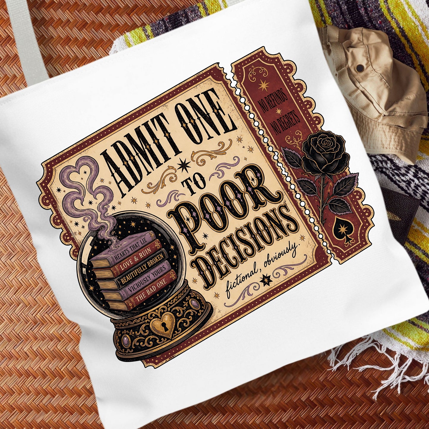 Admit One to Poor Decisions Tote Bag, Dark Romance Book Lover Tote, Funny Reader Gift, BookTok Bag, Fictional Men Bookish Tote