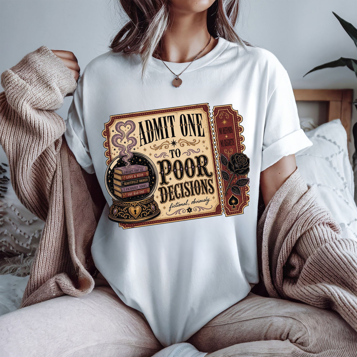 Admit One to Poor Decisions Shirt, Dark Romance Reader Shirt, Funny Book Lover Tee, BookTok Shirt, Fictional Men Romance Gif