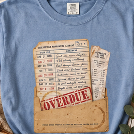 A light blue crewneck t-shirt featuring a graphic print of a brown paper pocket holding vintage ticket stubs and a red 'OVERDUE' stamp, with a visible 'Comfort Colors' neck label.