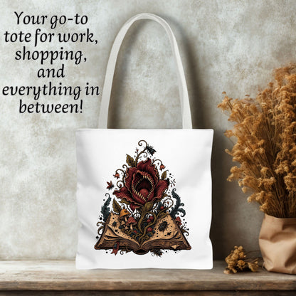 Gothic Book Lover Tote Bag, Carnivorous Flower Book Bag, Horror Reader Gift, Dark Botanical Library Tote, 16x16