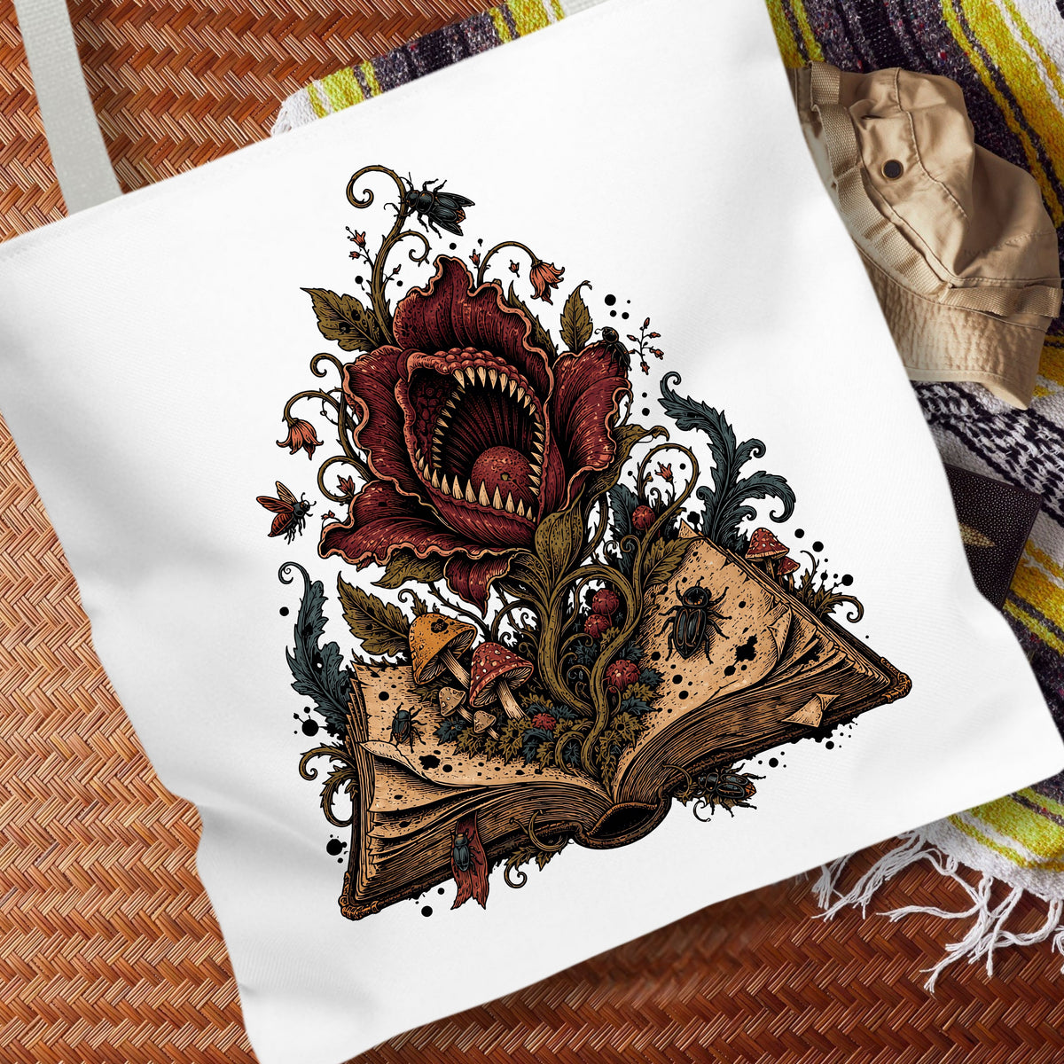 A white canvas tote bag featuring a detailed graphic print of a giant red flower with sharp teeth blooming from an open book, surrounded by mushrooms, spiders, and dark vines. The bag is styled on a brown woven mat with a striped blanket in the background.
