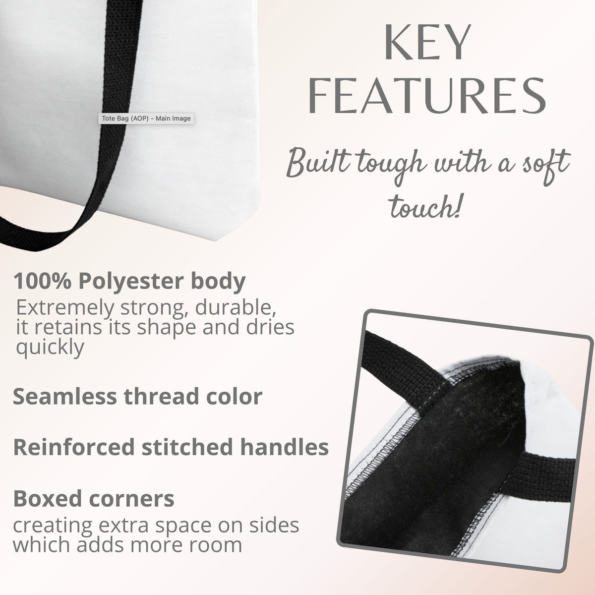 A white tote bag with black handles shown on a light beige background with feature callouts and text describing its durability, seamless thread, reinforced handles, and boxed corners.