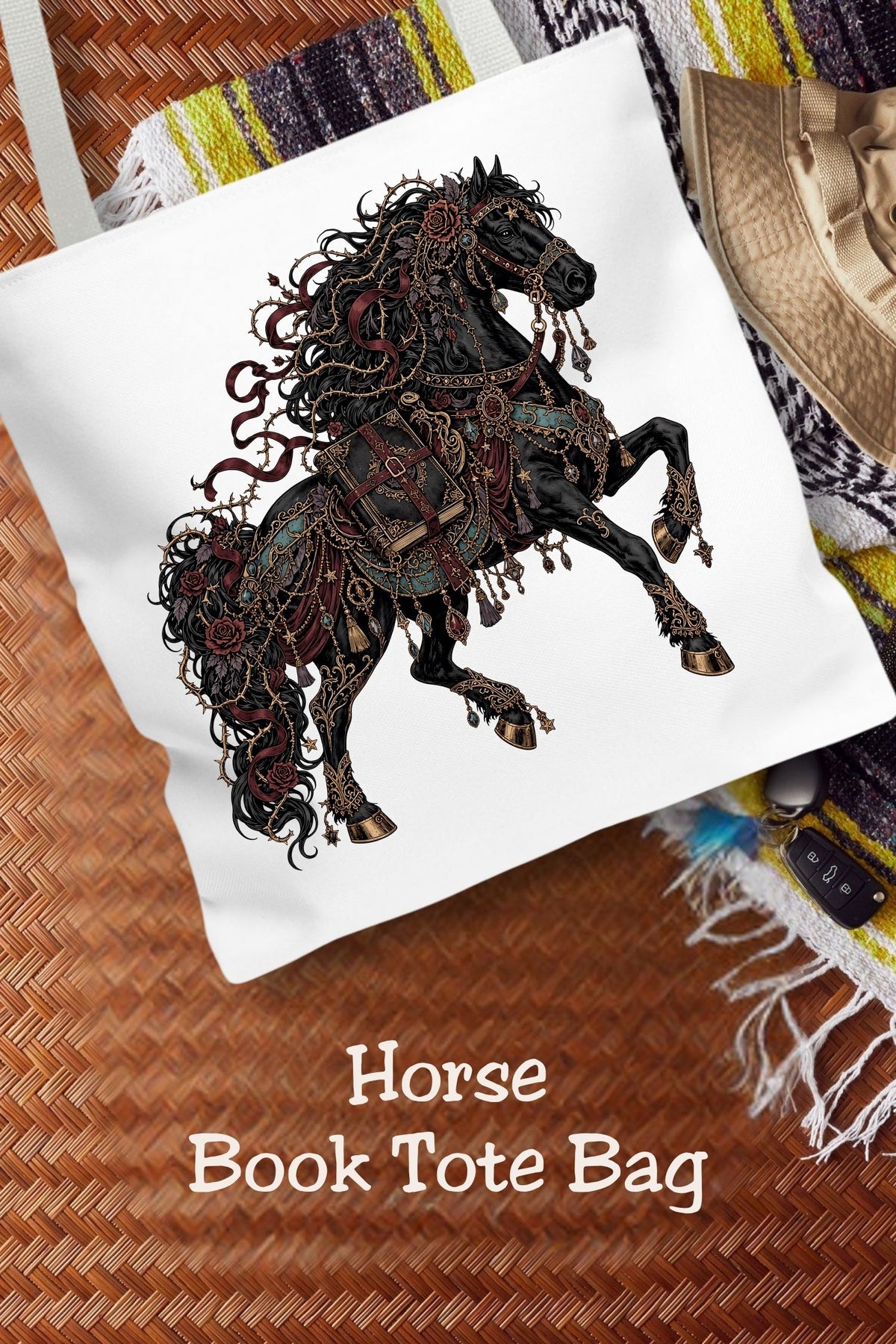 For the reader who would happily trade the morning commute for a ride through an enchanted kingdom.

This gothic horse tote features a striking black horse adorned with burgundy roses, flowing ribbons, thorny vines, and ornate gold-toned details. A book secured at its side brings a bookish touch to the design, while deep teal accents and illustrated jewels complete the dark fantasy look.

Take it along for library visits, bookstore browsing, book club meetings, and everyday errands. The 16 × 16-inch size of