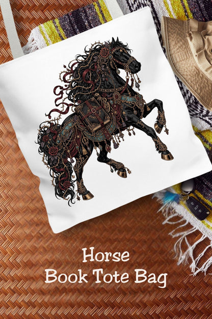 For the reader who would happily trade the morning commute for a ride through an enchanted kingdom.

This gothic horse tote features a striking black horse adorned with burgundy roses, flowing ribbons, thorny vines, and ornate gold-toned details. A book secured at its side brings a bookish touch to the design, while deep teal accents and illustrated jewels complete the dark fantasy look.

Take it along for library visits, bookstore browsing, book club meetings, and everyday errands. The 16 × 16-inch size of