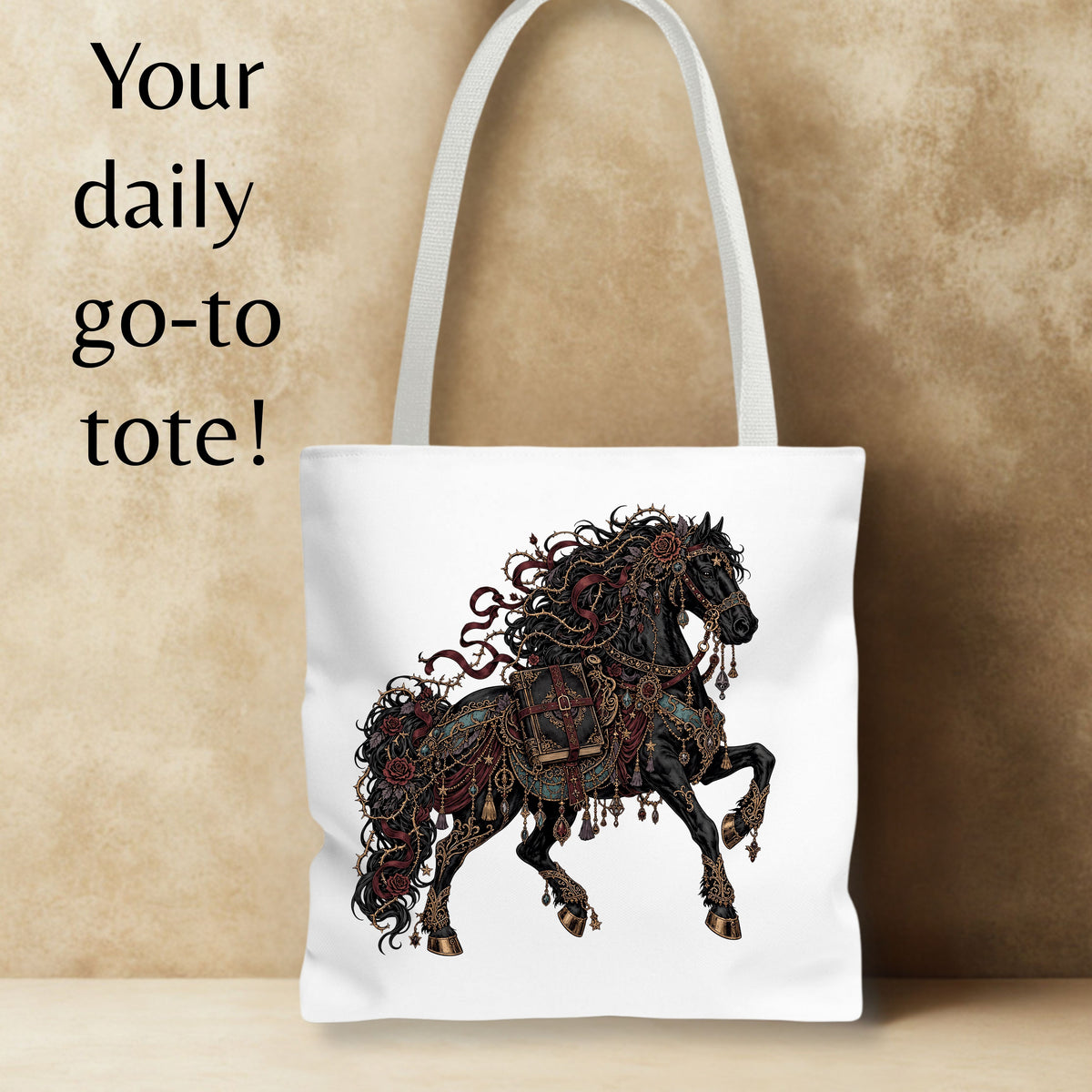 A white canvas tote bag with a printed illustration of a dark horse with red and gold decorative details, set against a textured beige background with the text 'Your daily go-to tote!' on the left.