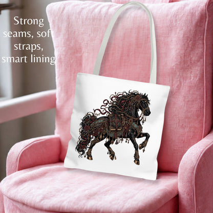 A white canvas tote bag with a detailed graphic of a dark, ornate horse, resting on a pink armchair. The text on the left highlights its features: 'Strong seams, soft straps, smart lining'.