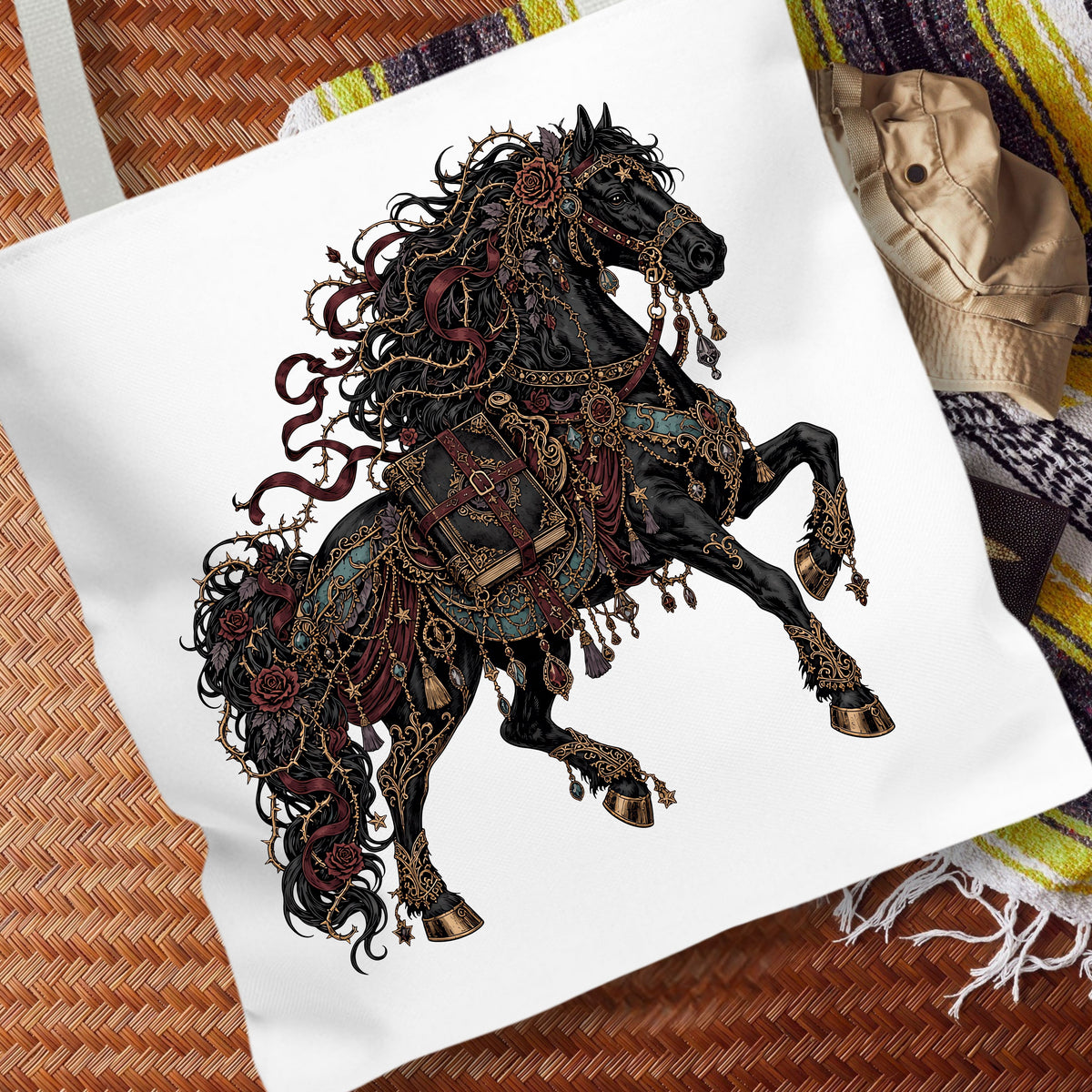 A white canvas tote bag featuring a highly detailed graphic illustration of a black horse adorned with ornate gold, red, and teal decorative armor, styled on a woven brown mat with a patterned blanket in the background.