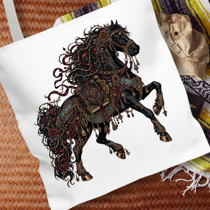 A white canvas tote bag featuring a highly detailed graphic illustration of a black horse adorned with ornate gold, red, and teal decorative armor, styled on a woven brown mat with a patterned blanket in the background.