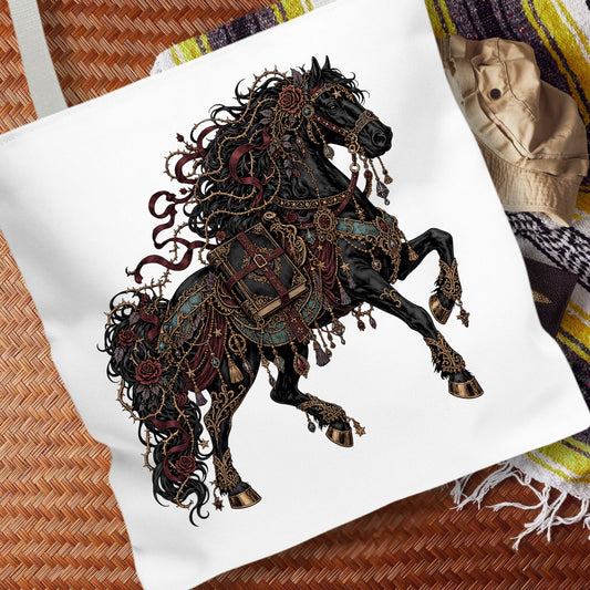 A white canvas tote bag featuring a highly detailed graphic illustration of a black horse adorned with ornate gold, red, and teal decorative armor, styled on a woven brown mat with a patterned blanket in the background.