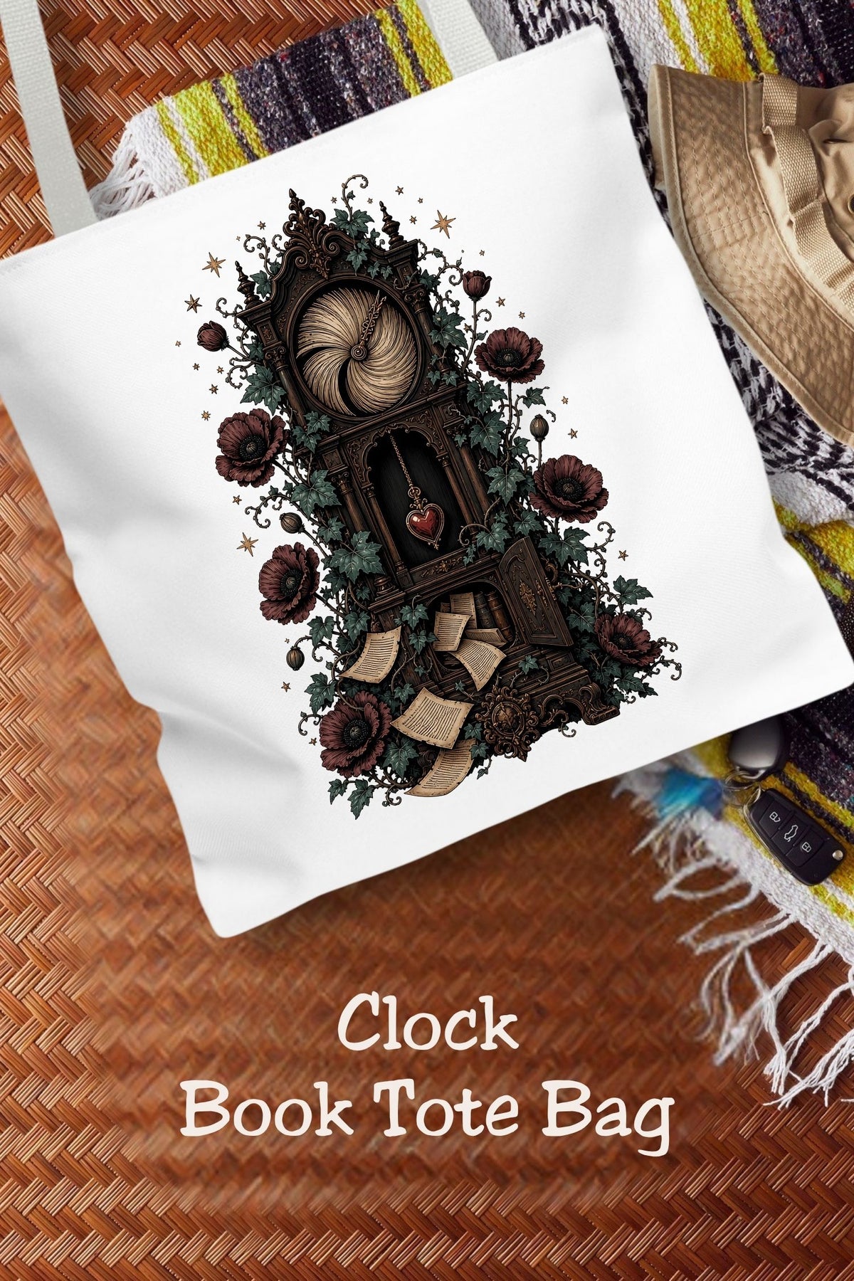 For readers who lose track of time between chapters. This dark academia tote bag features an ornate clock with a swirling book-page face, heart pendulum, burgundy flowers, and trailing ivy. Carry your current read and everyday essentials in a 16 × 16-inch book bag made for library trips, bookstore browsing, and book club nights. A thoughtful gift for romantasy readers and lovers of gothic botanical art.