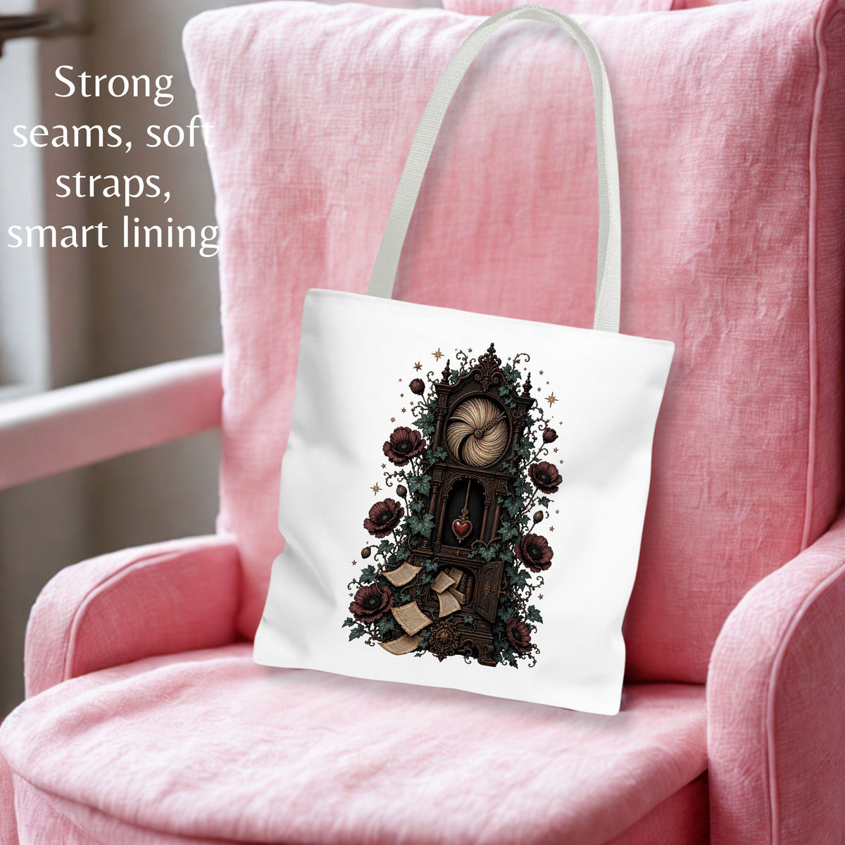 A white canvas tote bag with a gothic clock illustration, resting on a pink armchair. The text on the top left highlights its strong seams, soft straps, and smart lining.