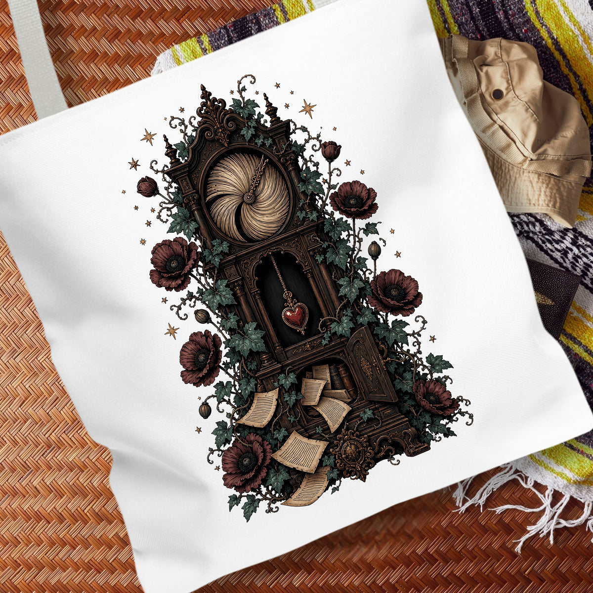 A white canvas tote bag featuring a detailed gothic illustration of a book with a heart-shaped page, surrounded by dark red roses, green ivy, and a large ball of yarn. The bag is displayed on a brown woven mat with a patterned blanket in the background.