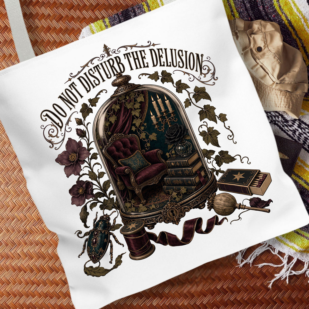 A white canvas tote bag featuring a detailed gothic illustration with the text 'DO NOT DISTURB THE DELUSION' and an ornate cloche containing a chair, books, and other mystical objects, displayed on a woven mat with a striped blanket in the background.