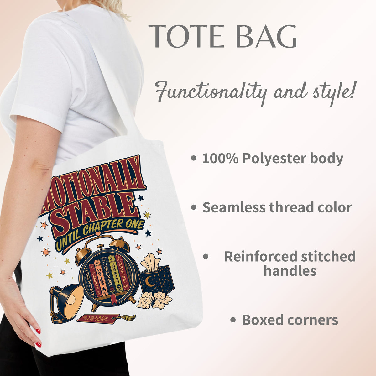 A woman wearing a white T-shirt carries a large white tote bag with a colorful graphic print that reads 'Madison Stable Until Chapter One.' The image includes marketing text on the right describing the tote bag features: 100% polyester body, seamless thread color, reinforced stitched handles, and boxed corners.