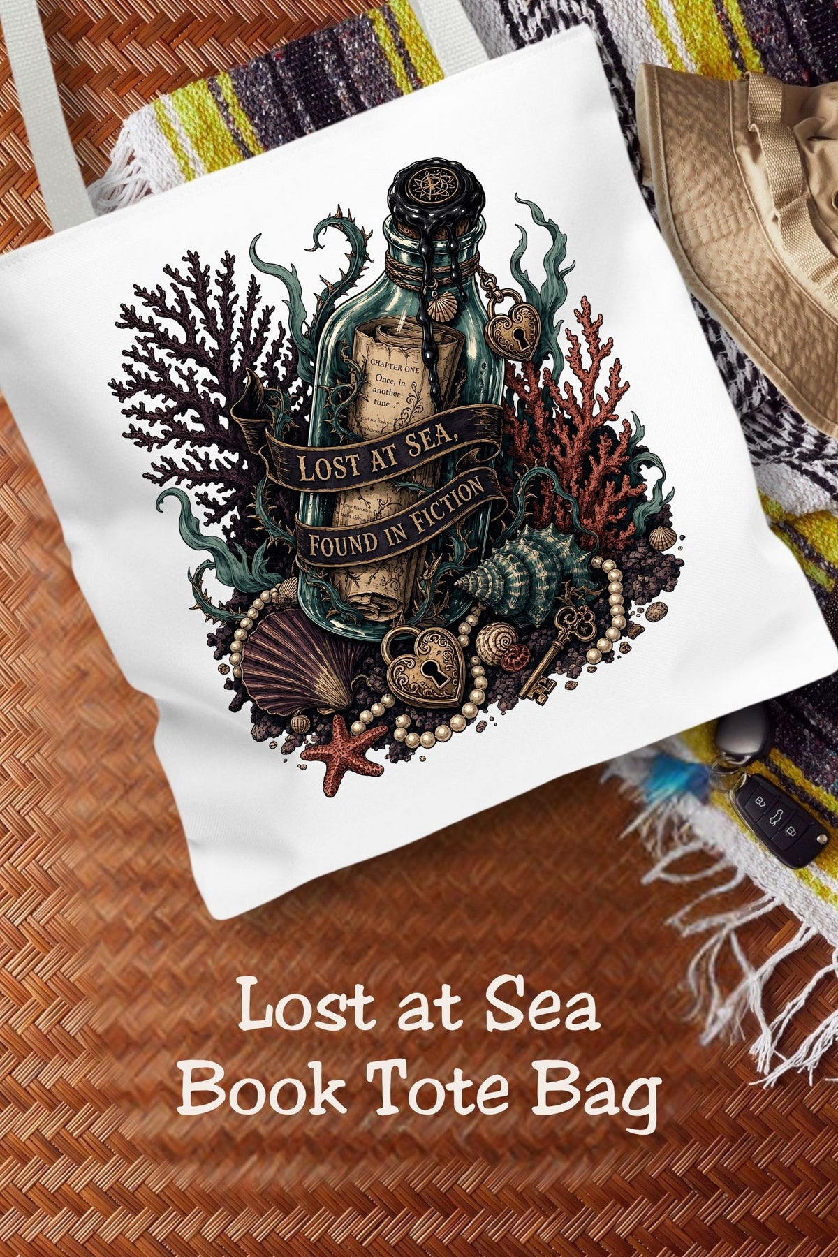 Lost at sea, found in fiction. This nautical book tote features a message-in-a-bottle design surrounded by coral, seashells, pearls, and ornate heart locks. Muted teal and antique gold tones bring a coastal gothic feel to the 16 × 16-inch bag. Carry your current read and everyday essentials to the library, bookstore, or a seaside reading spot. A thoughtful gift for ocean lovers and fantasy readers.