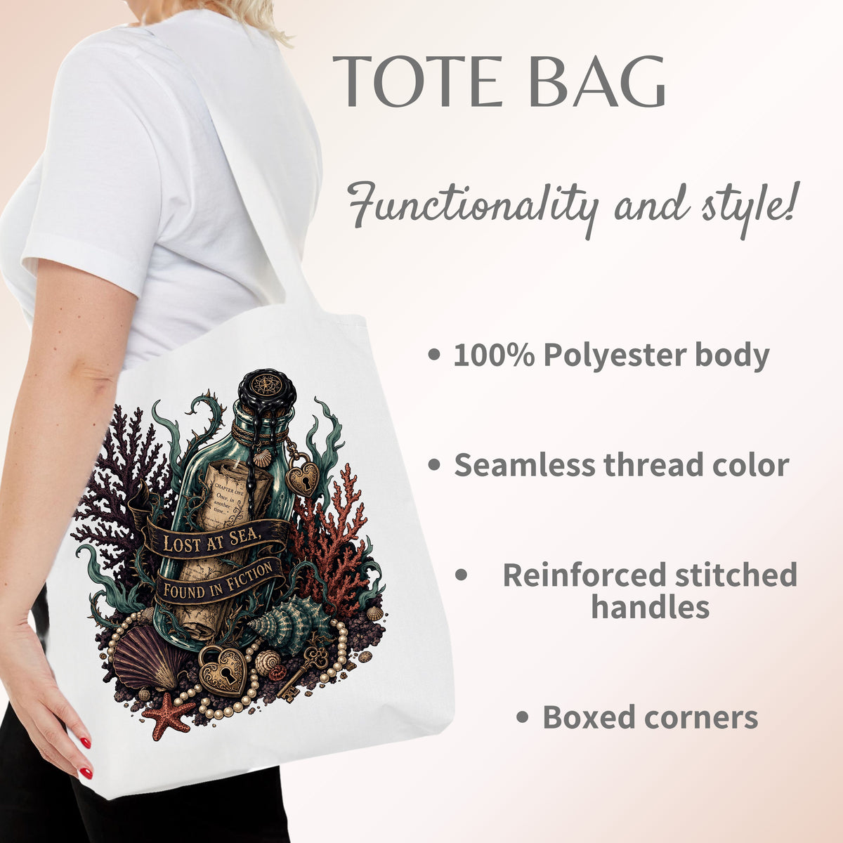 A white tote bag with a large undersea bottle illustration, shown being carried by a woman from the back. The image includes text highlighting product features: 'TOTE BAG', 'Functionality and style!', '100% Polyester body', 'Seamless thread color', 'Reinforced stitched handles', and 'Boxed corners'.