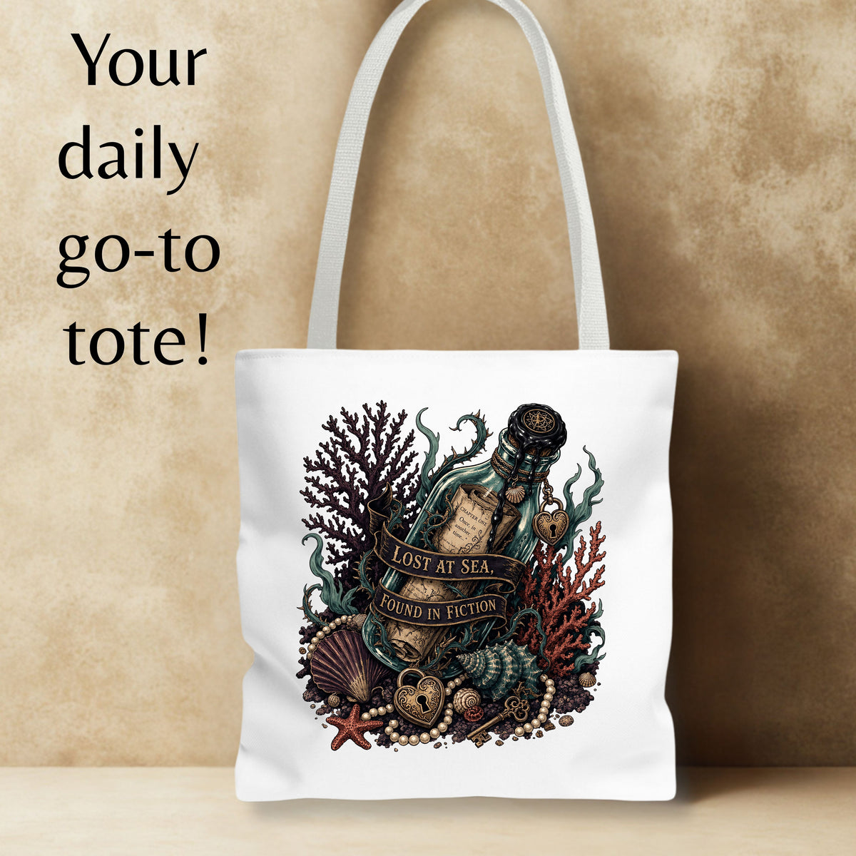 A white canvas tote bag with a detailed 'Lost at Sea' nautical illustration featuring a bottle, shell, starfish, and coral. The bag is displayed against a textured beige background with promotional text on the left.