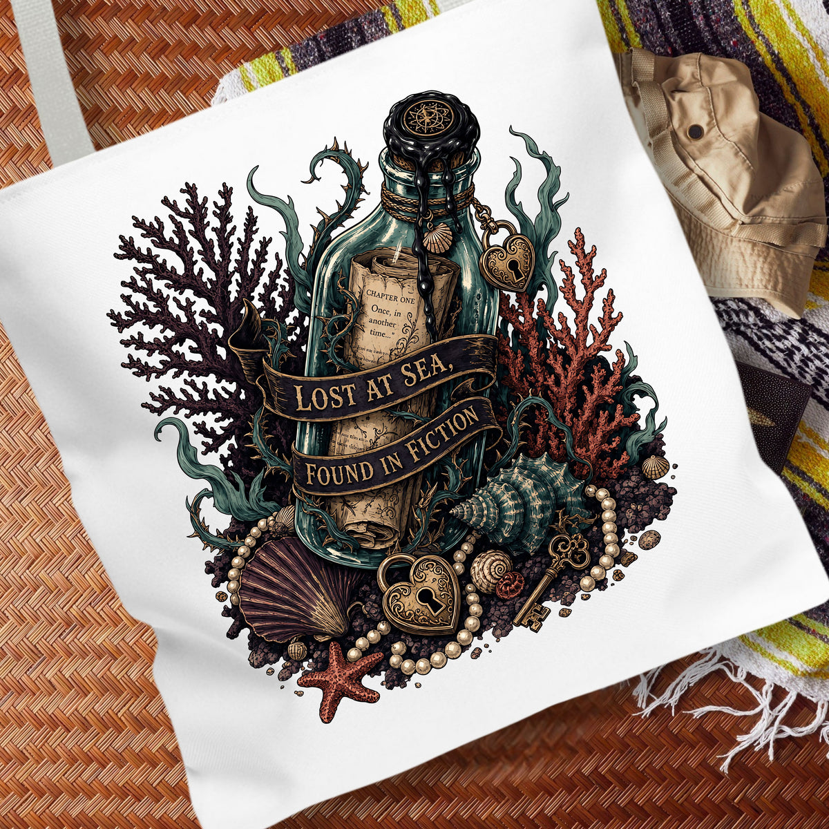 A white canvas tote bag featuring a detailed graphic print of a treasure bottle with the text 'LOST AT SEA. FOUND IN FICTION' surrounded by sea creatures, shells, pearls, and a key, styled on a woven mat with a striped blanket.
