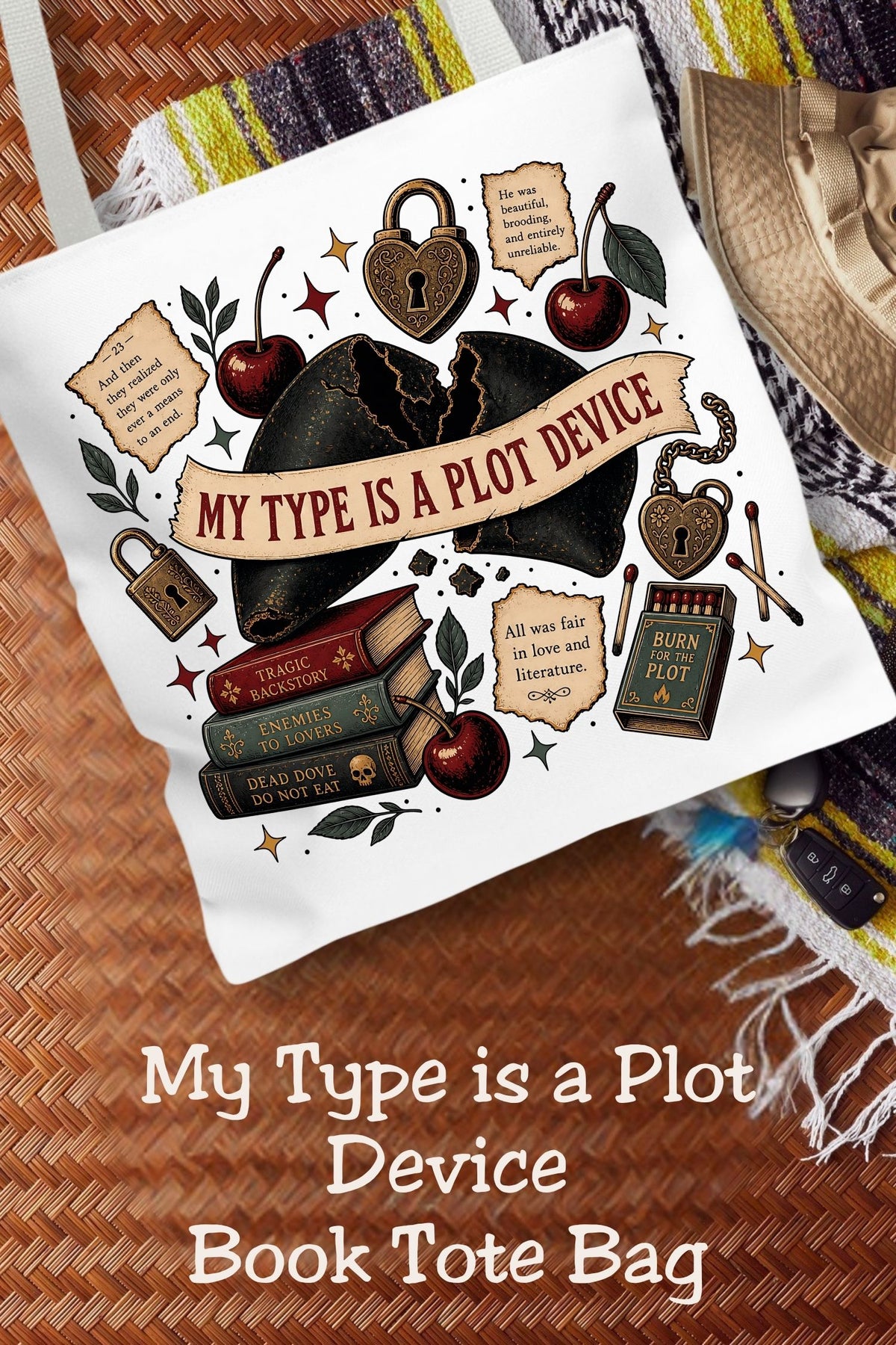 My type is a plot device: tragic backstory included. This funny dark romance tote features a broken heart, cherries, ornate locks, and romance trope books in a vintage literary collage. The 16 × 16-inch book bag carries your current read and everyday essentials for library visits and bookstore browsing. A thoughtful gift for romance readers, writers, and book club friends who always defend the morally gray character.