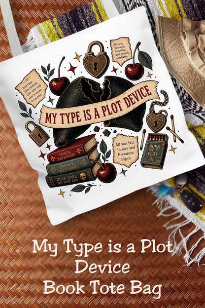 My type is a plot device: tragic backstory included. This funny dark romance tote features a broken heart, cherries, ornate locks, and romance trope books in a vintage literary collage. The 16 × 16-inch book bag carries your current read and everyday essentials for library visits and bookstore browsing. A thoughtful gift for romance readers, writers, and book club friends who always defend the morally gray character.