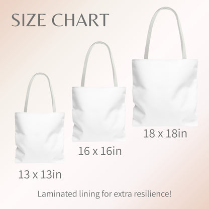 Size chart graphic showing three white tote bags in different sizes with printed dimensions: 13 x 13in, 16 x 16in, and 18 x 18in. Text at the top reads “SIZE CHART,” and text at the bottom says “Laminated lining for extra resilience!”.