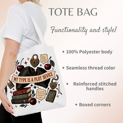 A woman wearing a white T-shirt carries a white tote bag printed with a fantasy book-themed design including cherries, books, a lock, and the phrase 'MY TYPE IS A PLOT DEVICE.' Text on the right lists product features: 'TOTE BAG,' 'Functionality and style!,' '100% Polyester body,' 'Seamless thread color,' 'Reinforced stitched handles,' and 'Boxed corners.