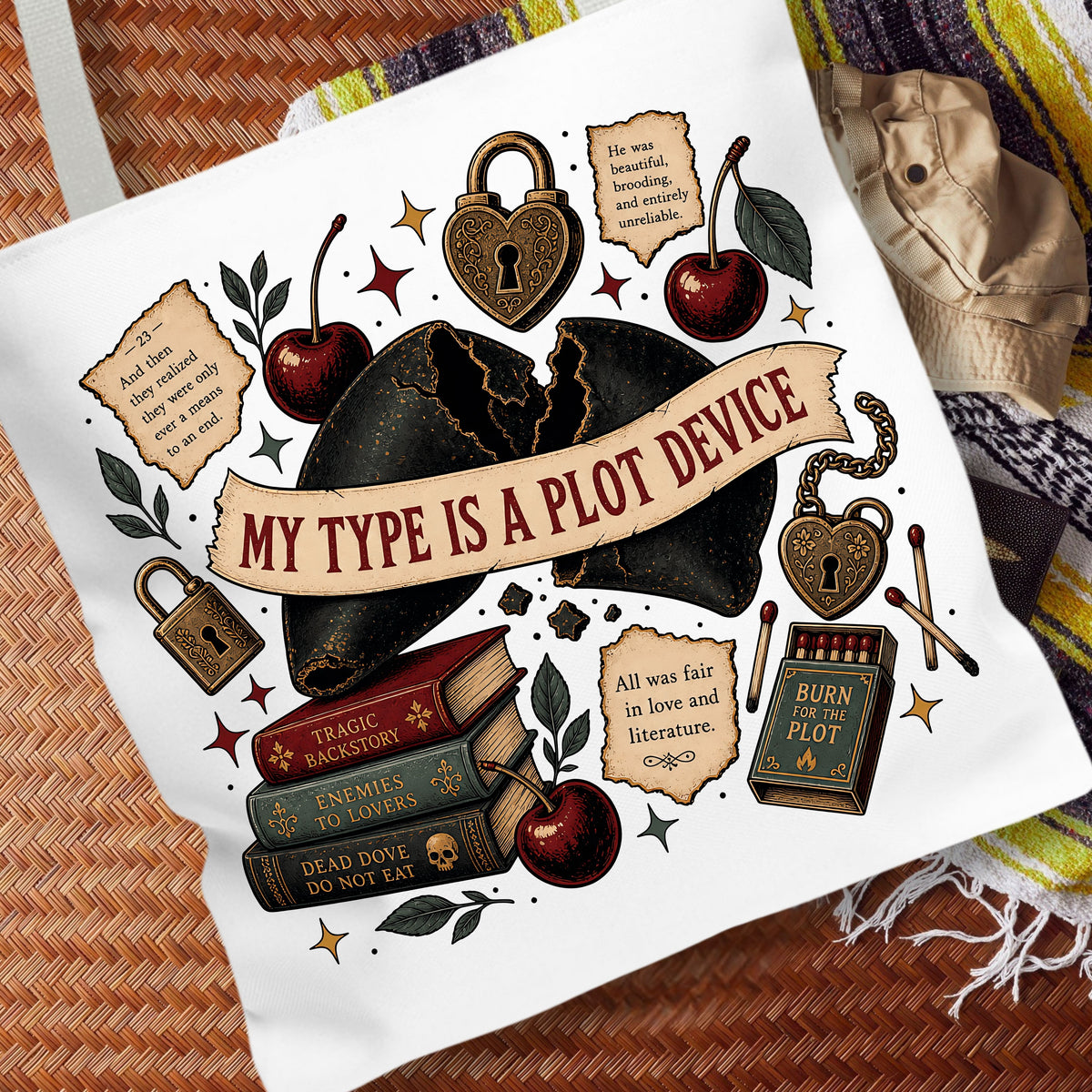 A white canvas tote bag featuring a detailed gothic-themed graphic print with a broken black heart, padlocks, cherries, books, and quote cards. The bag is displayed flat on a woven brown surface next to a beige hat and a striped blanket.