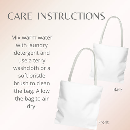 Care instructions graphic showing two white fabric tote bags labeled Front and Back on a soft beige background, with text describing how to clean the bag using warm water, laundry detergent, a terry washcloth, or a soft bristle brush.