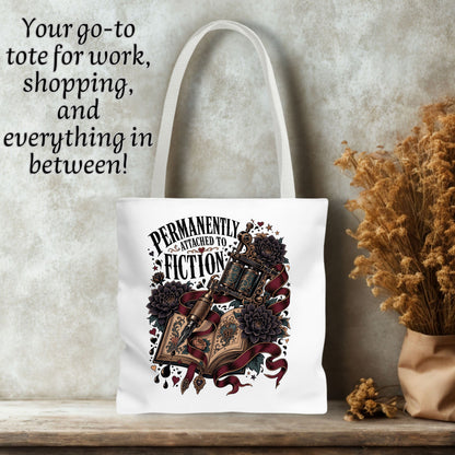 Permanently Attached to Fiction, Tattoo Machine Floral Book Bag, Dark Romance Reader Gift, Gothic Book Lover Tote Bag