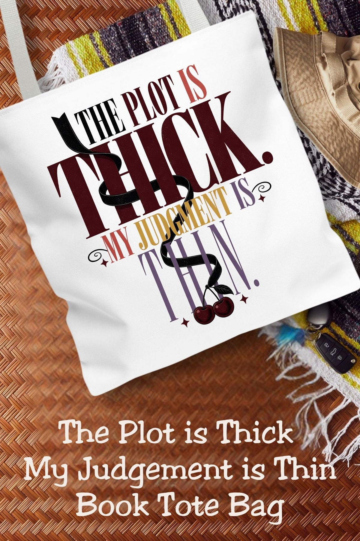 The plot is thick. My judgment is thin. This funny romance reader tote pairs bold burgundy and plum lettering with a winding black ribbon and cherry details. The 16 × 16-inch book bag carries your current read and everyday essentials for library visits, bookstore browsing, and book club nights. A thoughtful gift for dark romance fans and readers with a soft spot for complicated fictional characters.