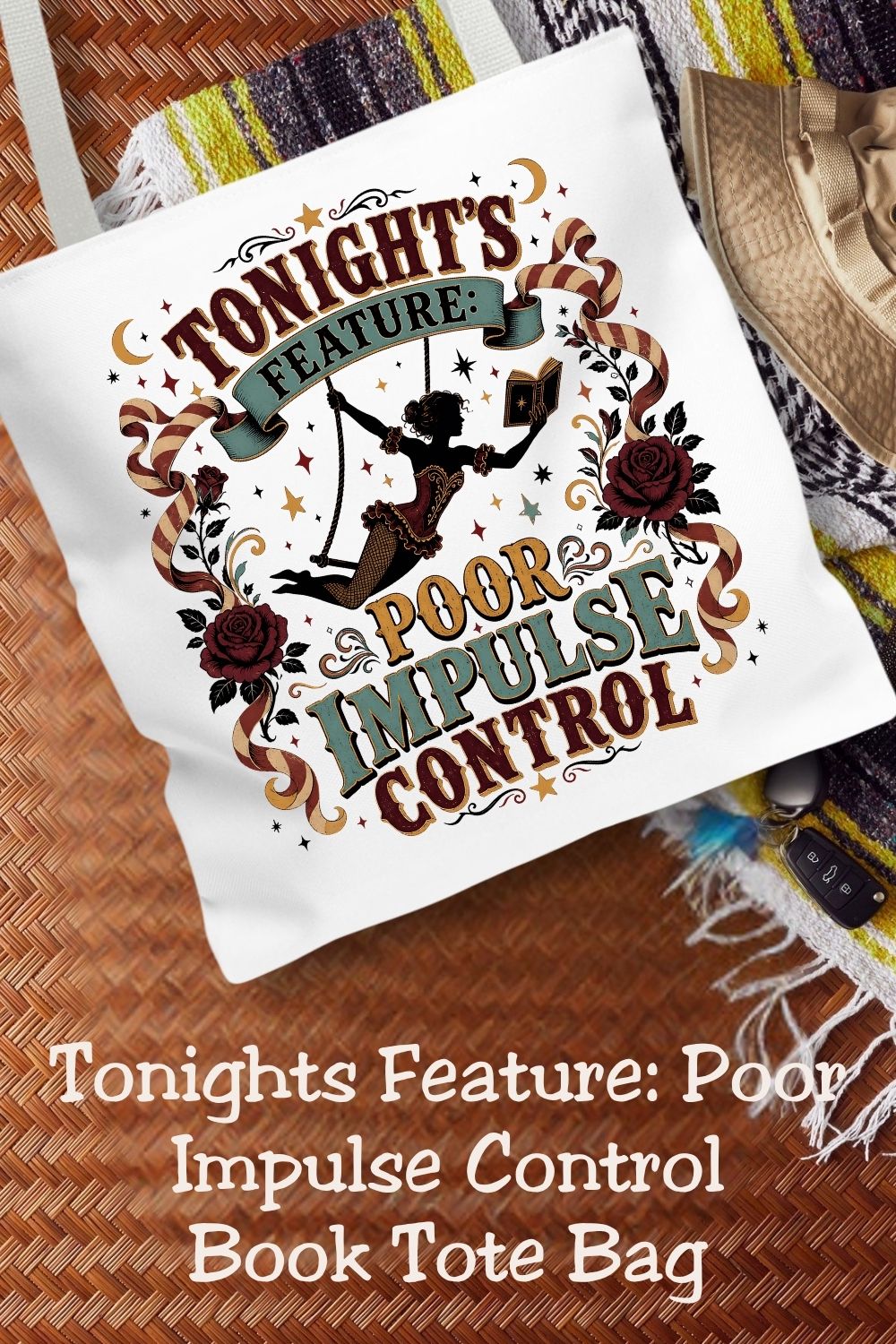 Tonight’s feature: poor impulse control at the bookstore. This funny book lover tote features a reading trapeze performer, vintage circus lettering, burgundy roses, and celestial accents. The 16 × 16-inch bag carries your latest finds and everyday essentials for library trips and book club nights. A thoughtful gift for romance readers and friends whose “just browsing” always becomes a book haul.
