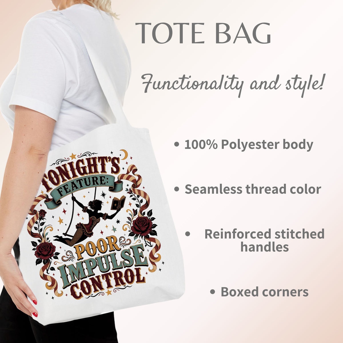 Tonight's Feature Poor Impulse Control, Vintage Circus Reader Bag, Book Club Gift, Funny Book Lover Tote Bag