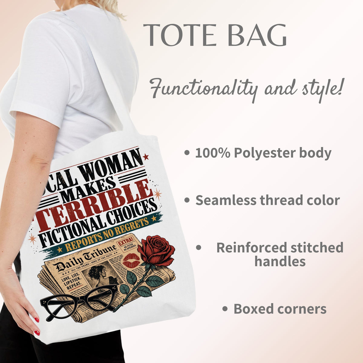 Local Woman Makes Terrible Fictional Choices, Newspaper Book Lover Gift, Library Bag, Funny Romance Reader Tote Bag