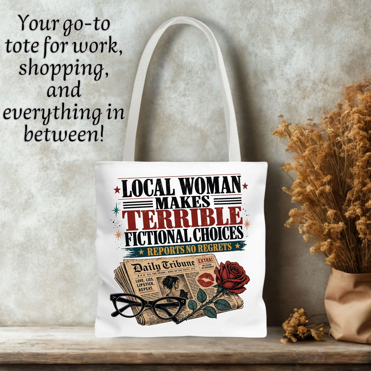 Local Woman Makes Terrible Fictional Choices, Newspaper Book Lover Gift, Library Bag, Funny Romance Reader Tote Bag