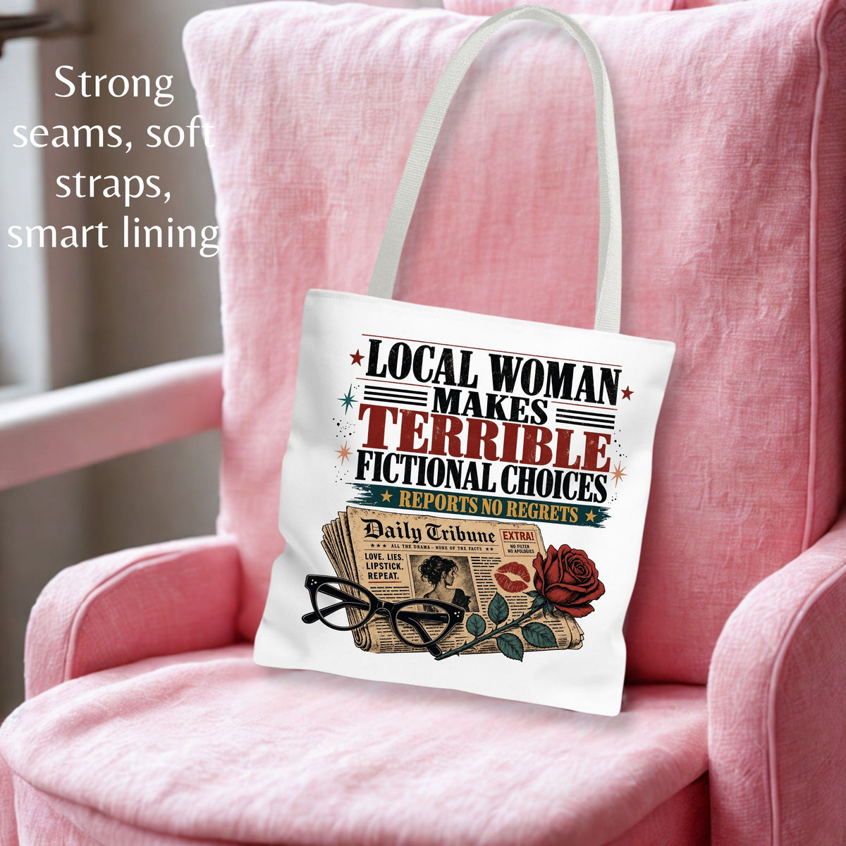 Local Woman Makes Terrible Fictional Choices, Newspaper Book Lover Gift, Library Bag, Funny Romance Reader Tote Bag