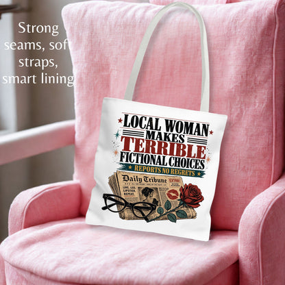 Local Woman Makes Terrible Fictional Choices, Newspaper Book Lover Gift, Library Bag, Funny Romance Reader Tote Bag