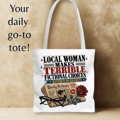 Local Woman Makes Terrible Fictional Choices, Newspaper Book Lover Gift, Library Bag, Funny Romance Reader Tote Bag