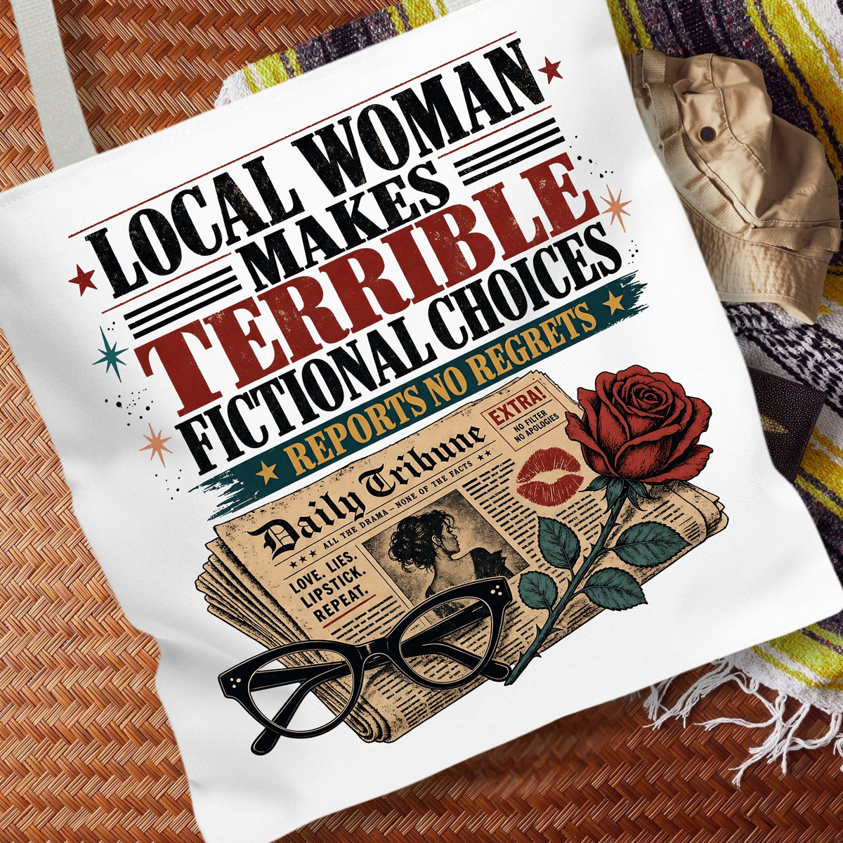 Local Woman Makes Terrible Fictional Choices, Newspaper Book Lover Gift, Library Bag, Funny Romance Reader Tote Bag