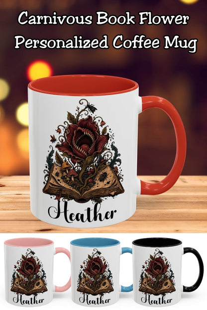 A little bite for your morning brew. This personalized gothic book mug features a carnivorous burgundy flower growing from an antique-style book, surrounded by mushrooms, beetles, and curling vines. Add your name and choose an 11 oz or 15 oz mug, both available with red, light blue, black, or pink accents. A thoughtful gift for horror readers, dark fantasy fans, and lovers of unusual botanical art.