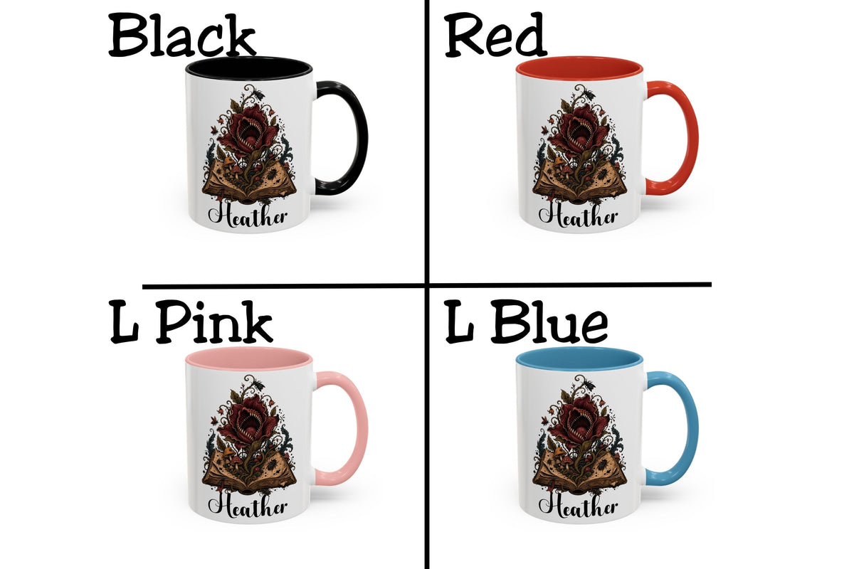 A 2x2 grid showing four color options for a ceramic mug with a floral book illustration and the name 'Heather' printed below. The options are labeled Black, Red, L Pink, and L Blue, each showing the mug interior and handle color against a white background.