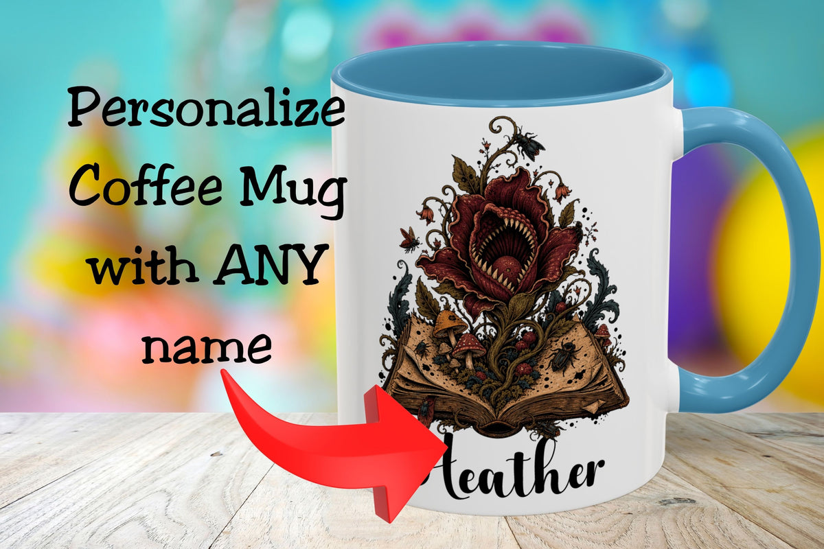 Personalized Gothic Book Mug, Carnivorous Flower Coffee Cup, Custom Name Horror Reader Gift, 11 oz and 15 oz, 4 Colors