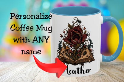 Personalized Gothic Book Mug, Carnivorous Flower Coffee Cup, Custom Name Horror Reader Gift, 11 oz and 15 oz, 4 Colors