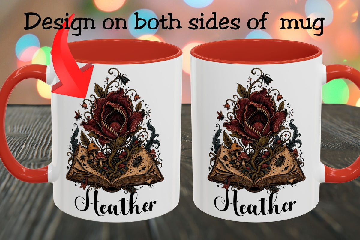 Two white ceramic mugs with red interiors and handles are shown on a dark wooden surface with colorful blurred lights in the background. Text at the top says 'Design on both sides of mug' with a red arrow pointing to the left mug, which has a gothic floral illustration and the name 'Heather' printed below.