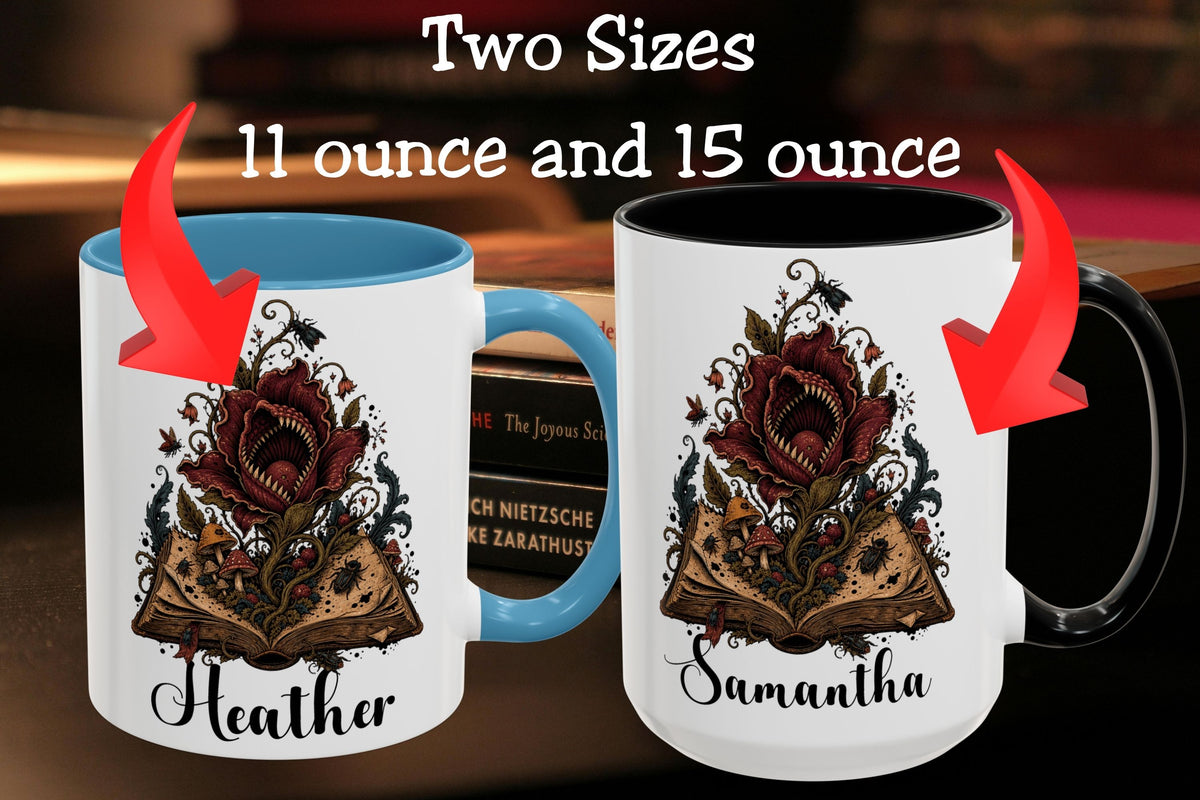 Personalized Gothic Book Mug, Carnivorous Flower Coffee Cup, Custom Name Horror Reader Gift, 11 oz and 15 oz, 4 Colors