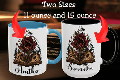 Personalized Gothic Book Mug, Carnivorous Flower Coffee Cup, Custom Name Horror Reader Gift, 11 oz and 15 oz, 4 Colors