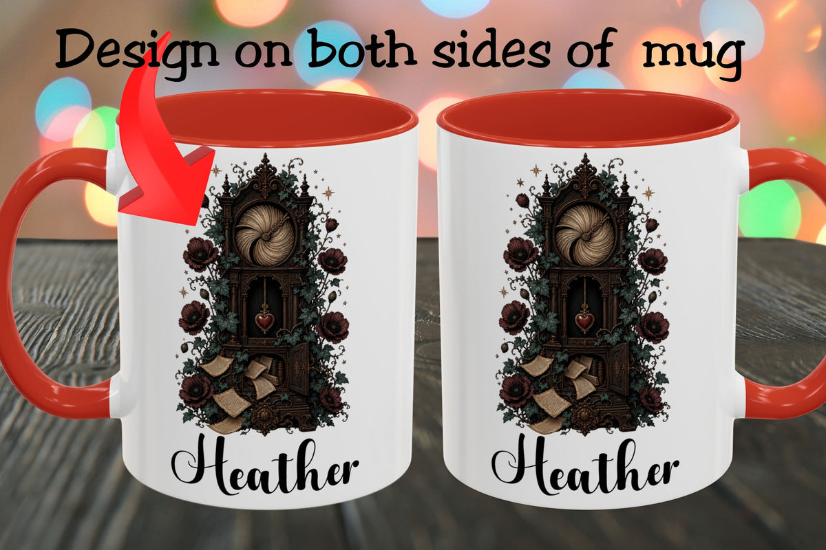 Two white ceramic mugs with red interiors and handles are shown side by side on a wooden surface, each printed with a dark gothic illustration and the name 'Heather' in black script. Text at the top says 'Design on both sides of mug' with a red arrow pointing to the left mug.