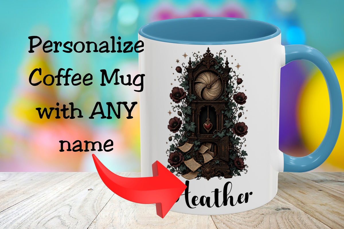 A white coffee mug with a blue handle and interior, featuring a dark gothic clock illustration and the name 'Leather' printed on it. Large text on the left reads 'Personalize Coffee Mug with ANY name' with a red arrow pointing to the mug.