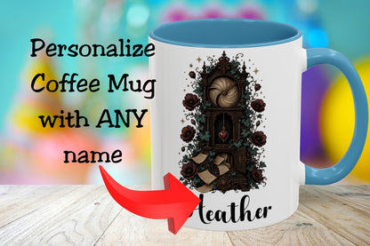 A white coffee mug with a blue handle and interior, featuring a dark gothic clock illustration and the name 'Leather' printed on it. Large text on the left reads 'Personalize Coffee Mug with ANY name' with a red arrow pointing to the mug.