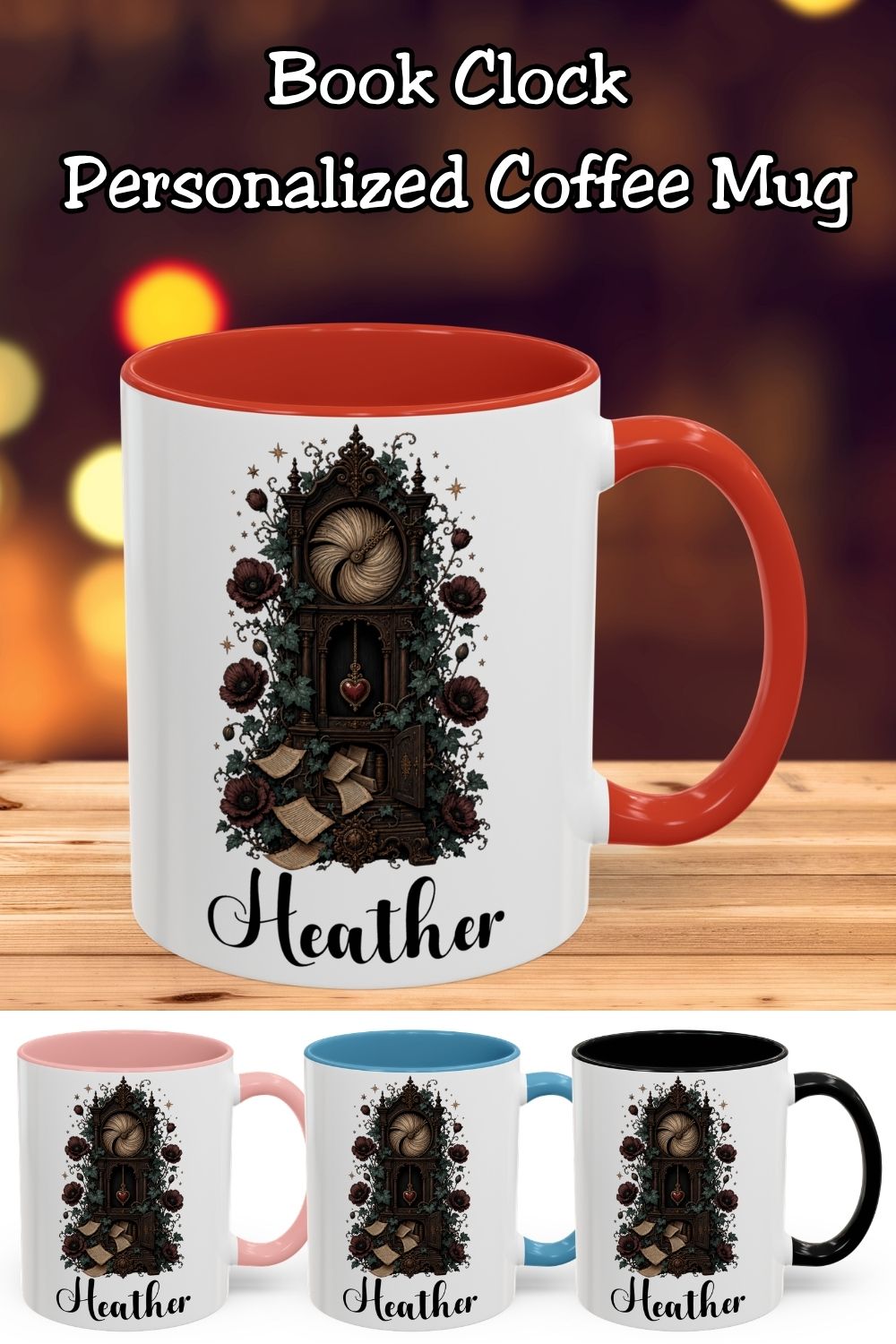 A little bite for your morning brew. This personalized gothic book mug features a carnivorous burgundy flower growing from an antique-style book, surrounded by mushrooms, beetles, and curling vines. Add your name and choose an 11 oz or 15 oz mug, both available with red, light blue, black, or pink accents. A thoughtful gift for horror readers, dark fantasy fans, and lovers of unusual botanical art.