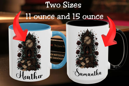 Two personalized ceramic mugs shown side by side with text reading 'Two Sizes 11 ounce and 15 ounce' and red arrows pointing to each mug. The left mug is white with a blue handle and interior, printed with a dark gothic clock illustration and the name Heather.